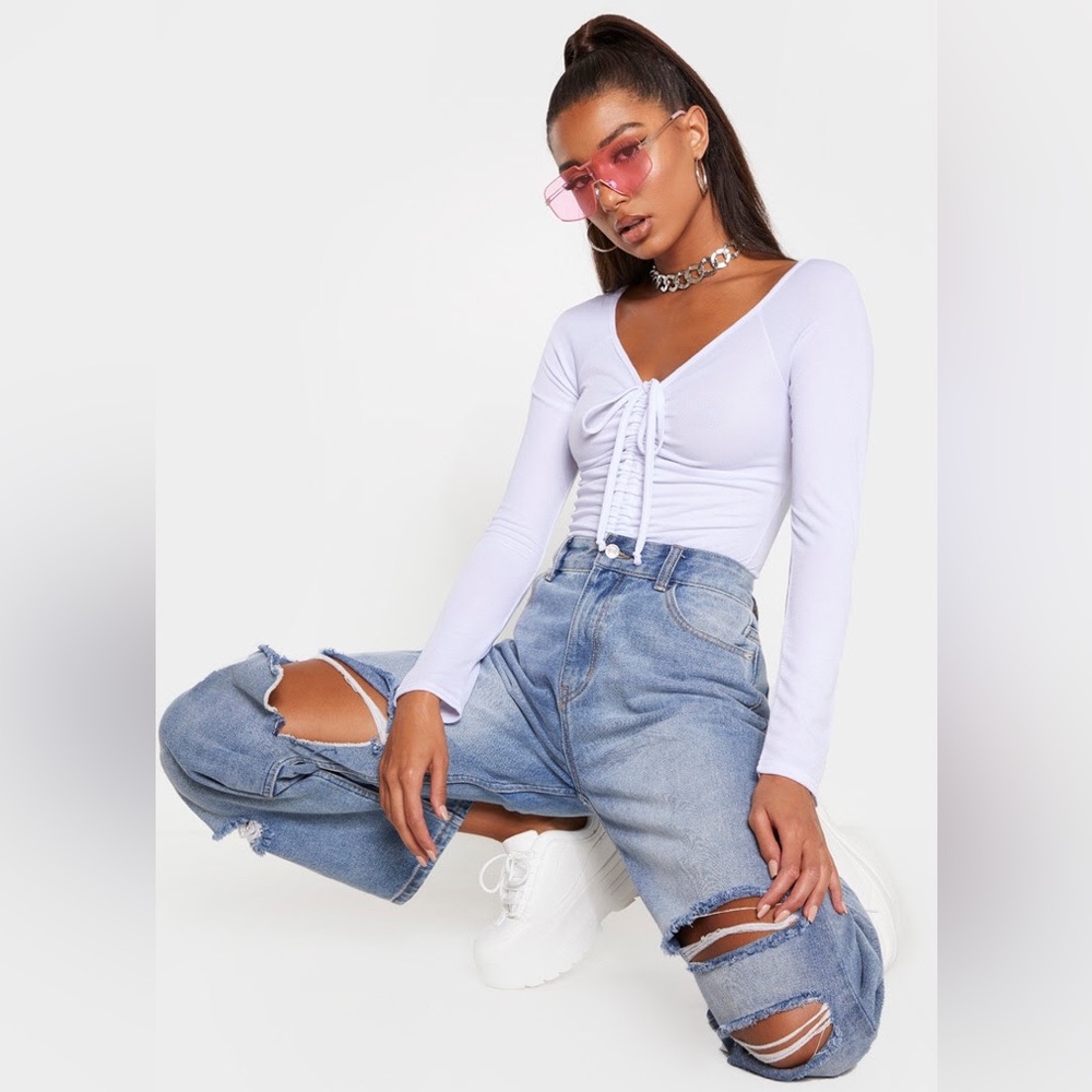PLT White Ruched Front Long Sleeve Bodysuit